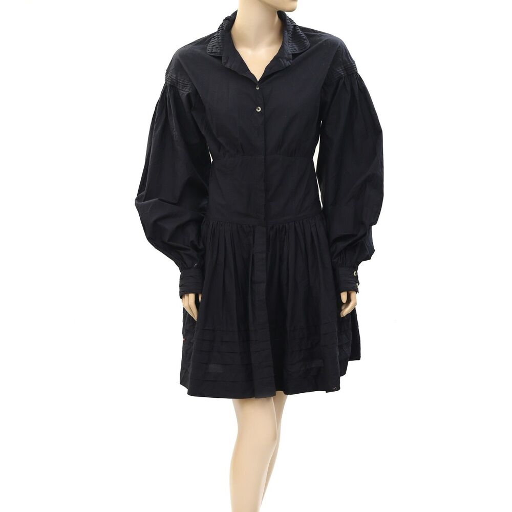 Merlette Buttondown Taylor Blouson Sleeve Black Mini Shirt Dress XS New 266313